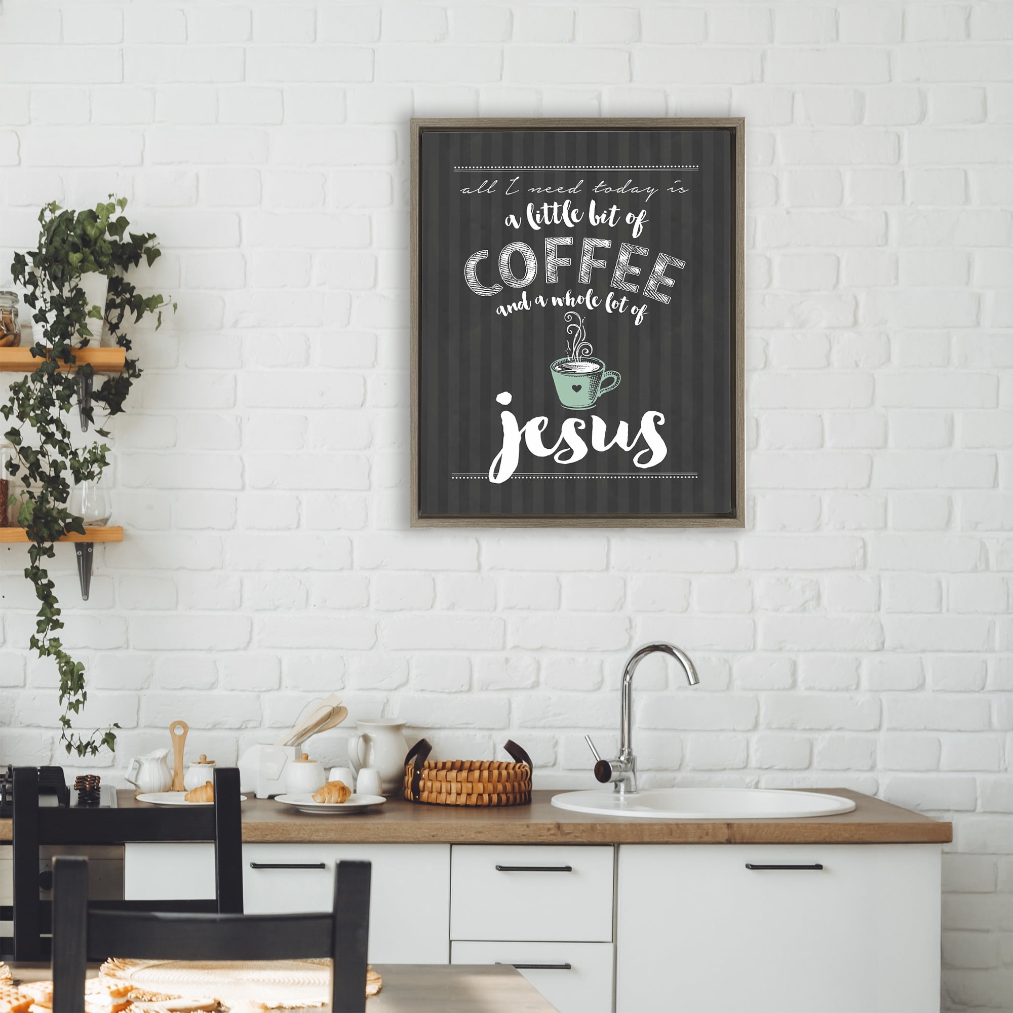 Little Coffee & Whole Lot Of Jesus Brown Framed Floater Canvas Wall Art, design by Lettered and Lined