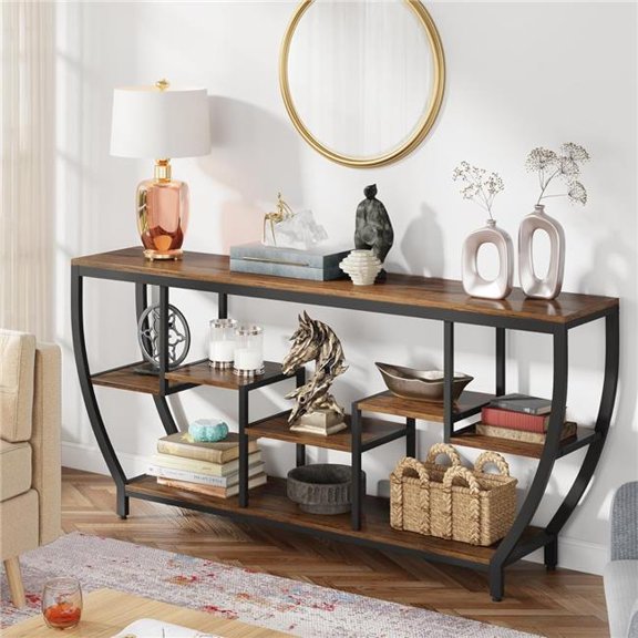 Emoottoo TB-JW0525 70.9 in. Industrial Console Sofa Table with 7-Tier Storage Shelves - Extra Long Entryway Behind Couch - Rustic Brown