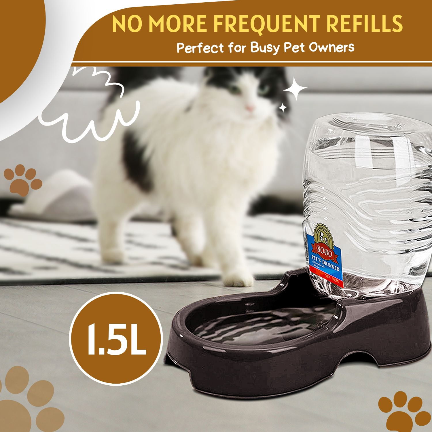 Automatic Gravity Pet Waterer for Cat & Dog - Non-Skid & Easy-Clean Auto Replenish Water Dispenser Drinking Bowl (3/8 Gallon / 1.5L), Black