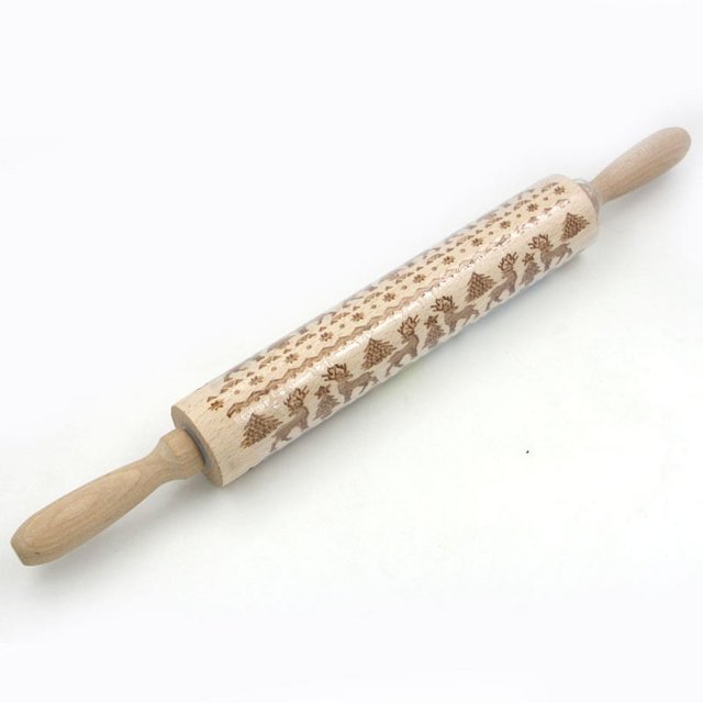 Venta caliente de rodillos de madera maciza tallados con láser con estampado de alces navideños, accesorios para hornear galletas en relieve