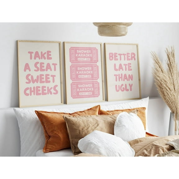 Better Late Than Ugly Wall Art Print Poster Set Of 3 Prints Trendy Bathroom Canvas Painting for Pink Bathroom Living Room Home Bedroom Decor Unframed