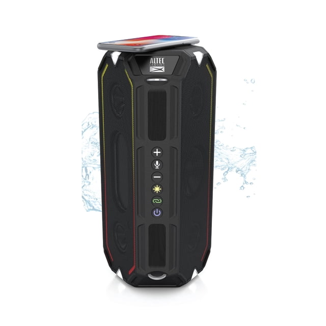 Altec Lansing HydraShock Bluetooth Speaker USB Type-C Rechargeable Portable Speaker Wireless Charger for Phone, Stereo Speaker w/LED Lights for Pool Beach Hiking Camping, 20 Hour Playtime (Black)