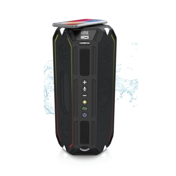 Altec Lansing HydraShock Bluetooth Speaker USB Type-C Rechargeable Portable Speaker Wireless Charger for Phone, Stereo Speaker w/LED Lights for Pool Beach Hiking Camping, 20 Hour Playtime (Black)