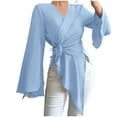 thumbnail image 2 of PiGOGI Women's Button V-Neck Blouse, Long Sleeve Bandage Fashion Top Blue S, 2 of 3