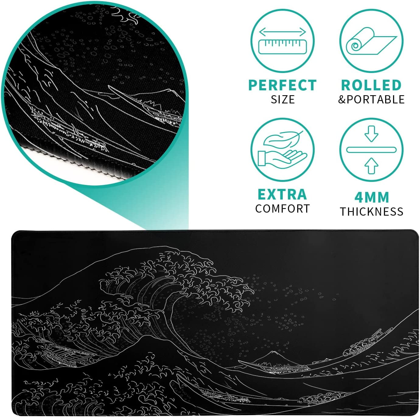 Japanese Sea Wave Large Mouse Pad, Anime Black Gaming Mouse Pad Extended Kanagawa Mouse Mat Desk Pad, 3mm Thick Long Non-Slip Rubber Base Mice Pad, 31.5 X 11.8 Inch