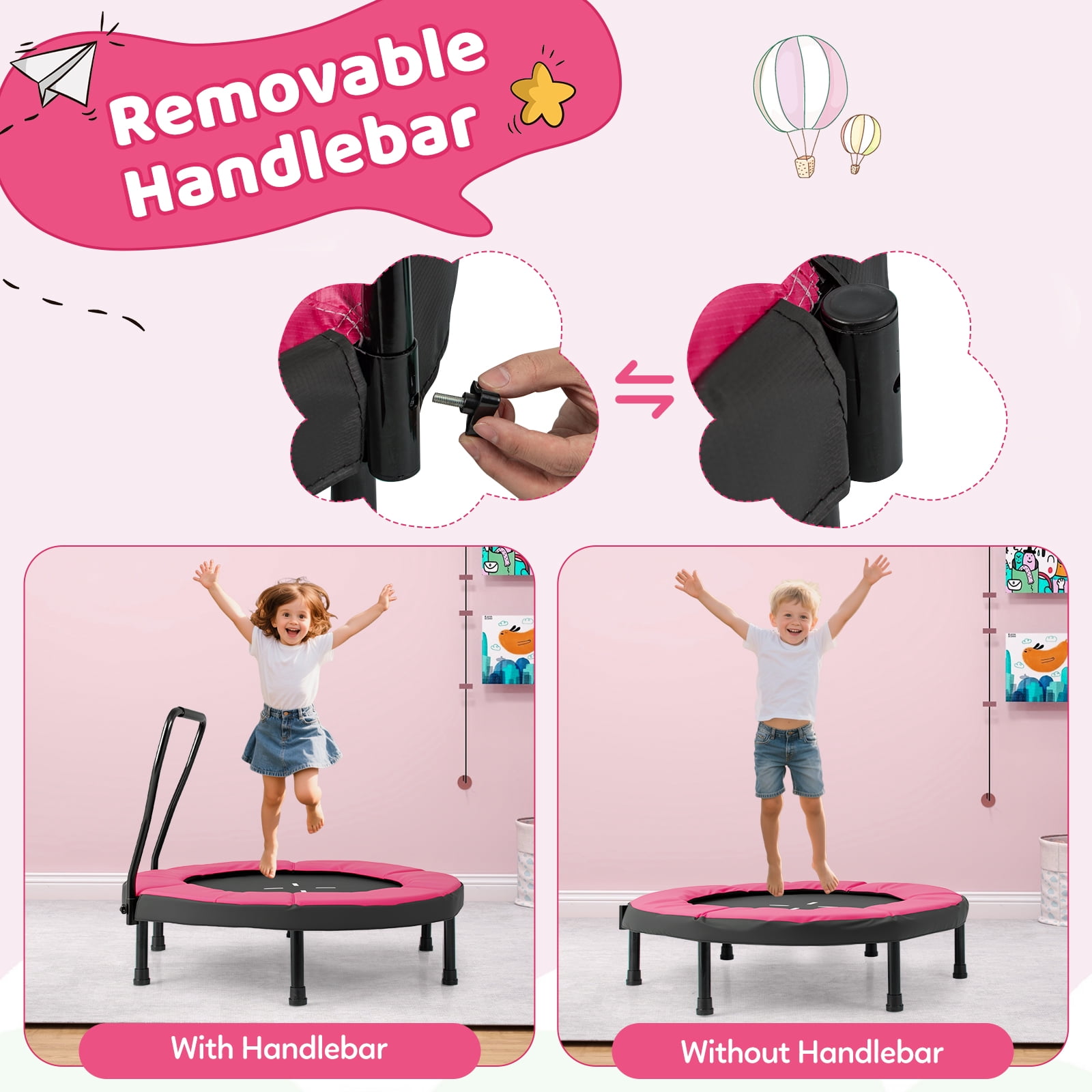 Gymax 40'' Trampoline for Kids Indoor/Outdoor Fitness Trampoline w/ Foam Handlebar Pink