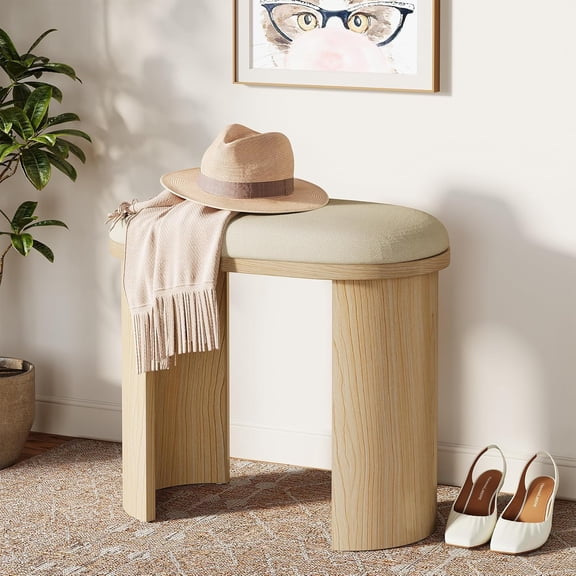 Finmind Modern Vanity Stool, Upholstered Wooden Footstool for Bedroom, Beige