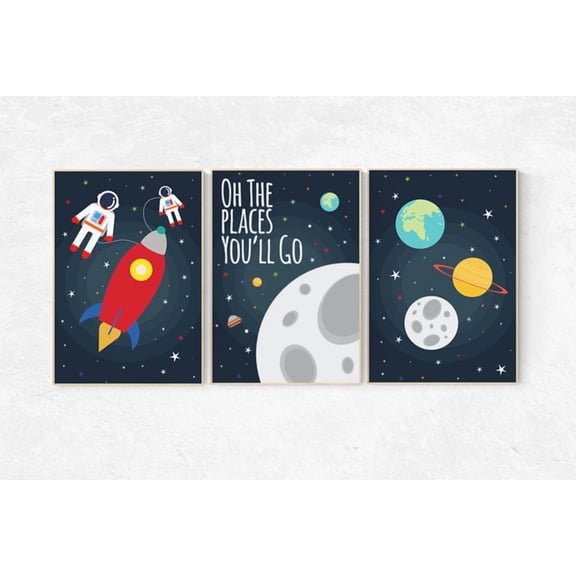 UNFFRAMED Luvia Space Nursery Poster Set of 3 Outer Space Themed Wall Art Boys Room Playroom Baby Room Decoration Set 3 Prints 8x12