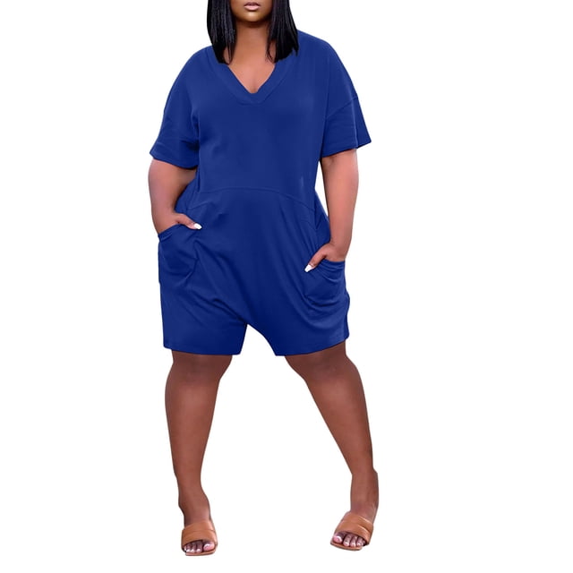Gibobby pantalones siameses Mono informal de manga corta para mujer, de talla grande, con cuello en V, pantalones cortos de pierna ancha de verano, mono con bolsillo(Azul, XXXL)