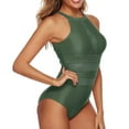 thumbnail image 7 of UTSJKR Women One Piece Swimsuit Slimming High Neck Swimwear Backless Halter Ruched Tummy Control Bathing Suit Green 6, 7 of 7