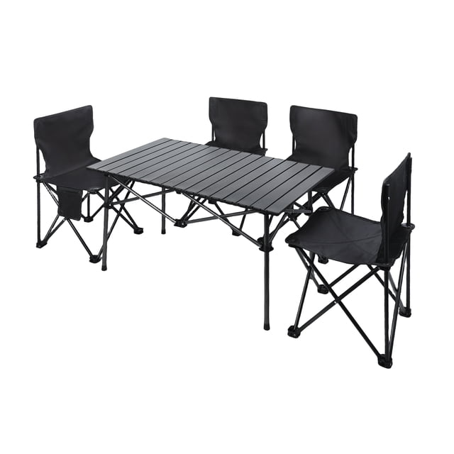 Camping Table Chair Set, Folding Portable Outdoor Table Chair, Fishing BBQ Hiking Folding Stool Table Set with Large Storage Organizer and Carrying Bag (4Pcs Chair and 1Pc Table)