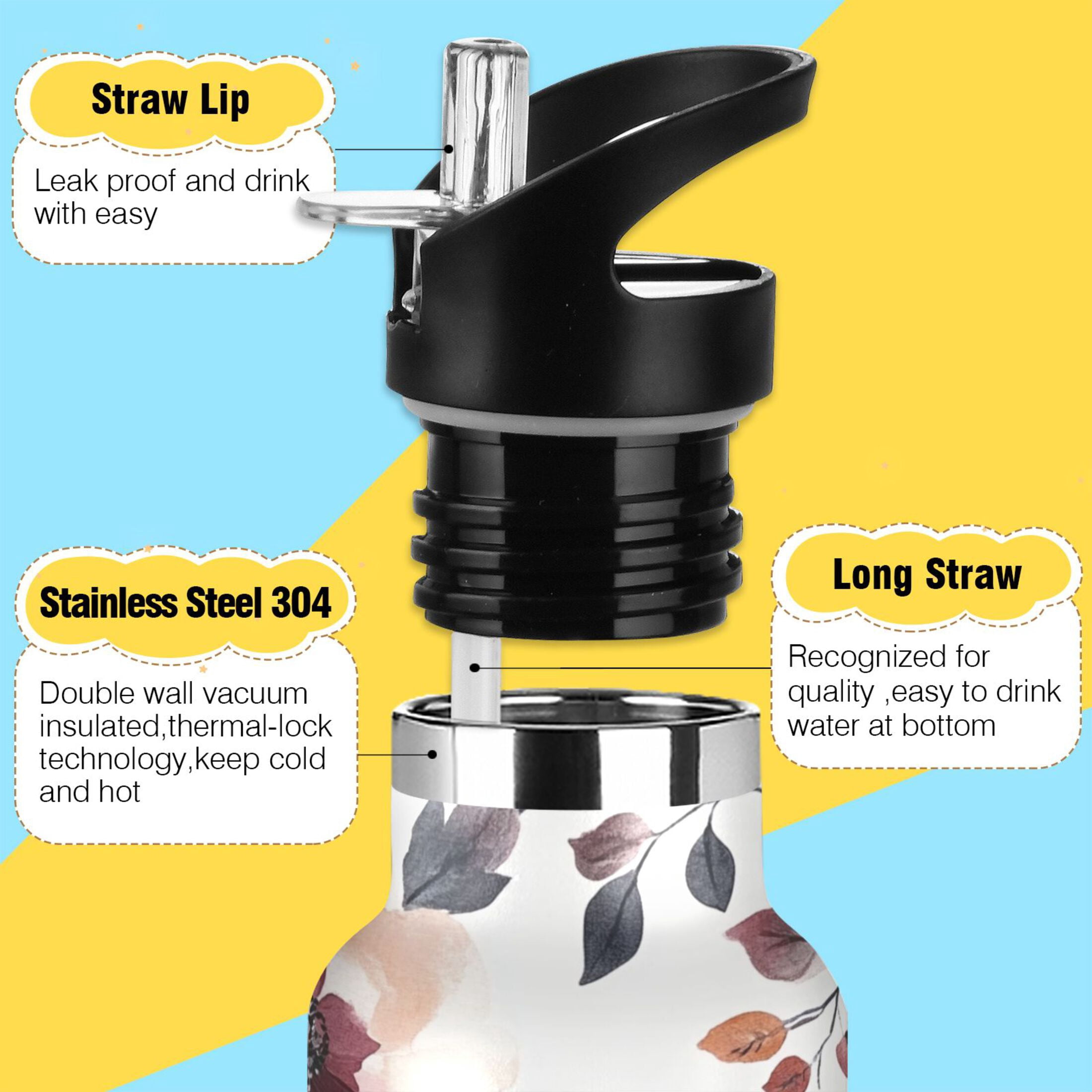 600ML Stainless Steel Insulated Cup Sports Water Bottle Portable Thermos Cup Water Glasses Insulated Tumblers Convenient and Durable Cartoon Maroon Flowers Seamless