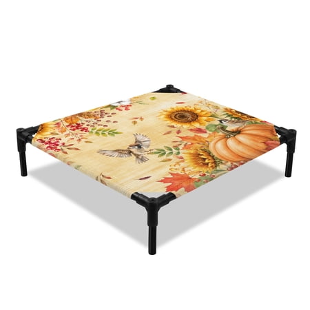 Thanksgiving Fall Elevated Dog Bed Rustic Linen Orange Pumpkin Sunflower Bird Cooling Breathable Outdoor Raised Dog Cot Bed with Metal Frame Non-Slip Feet for Small Dog 20x20in