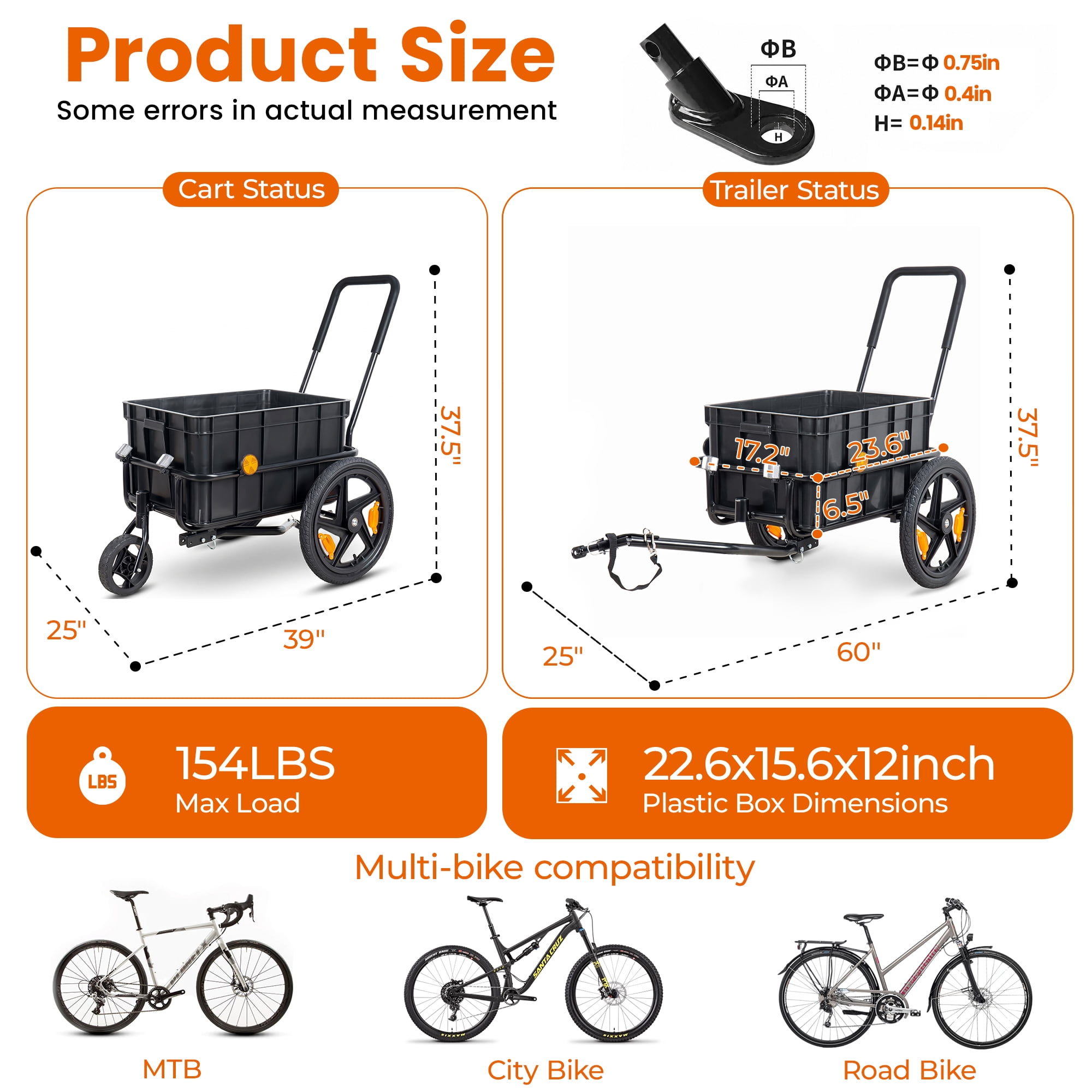 2-in-1 Bike Trailer Pushcart 154 lbs Capacity 16 Wheels Waterproof Cover Adjustable Handle