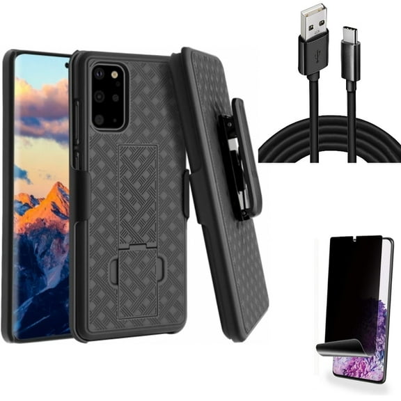 Privacy Screen Protector w 10ft USB Cable w Case Belt Clip for Samsung Galaxy S20 Plus - TPU Film [NOT GLASS] [Fingerprint Works], Type-C Charger Cord Power, Holster Swivel Cover fits Galaxy S20 Plus