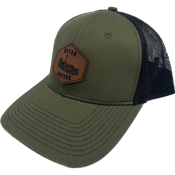 Ink Trendz Never Better Skeleton in Coffin Shaka Mood Theme Trucker Baseball Hat (Military Green/ Black)
