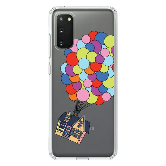 DistinctInk Clear Shockproof Hybrid Case for Galaxy S20 PLUS / 5G (6.7" Screen) - TPU Bumper, Acrylic Back, Tempered Glass Screen Protector - Balloons Lifting House