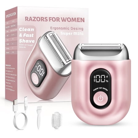 Skdwakiz Electric Razor for Women: Mini Foil Shavers with LED Display - Rechargeable Cordless Bikini Trimmer - IPX7 Waterproof Face Body Razor for Home Travel, Pink