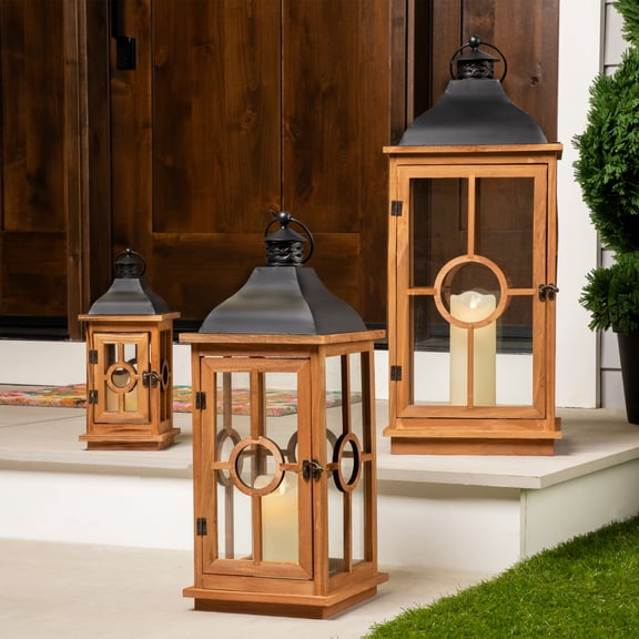 Northlight Natural Wood Candle Lanterns with Black Metal Tops - 26.5" - Set of 3