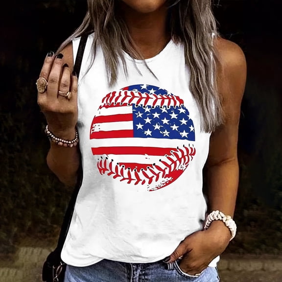 Xdegoge USA Baseball American Flag Graphic Tank Top for Women Sleeveless Crewneck Casual Loose Independence Day Sports Lover Summer Vacation Patriotic Shirts Tops