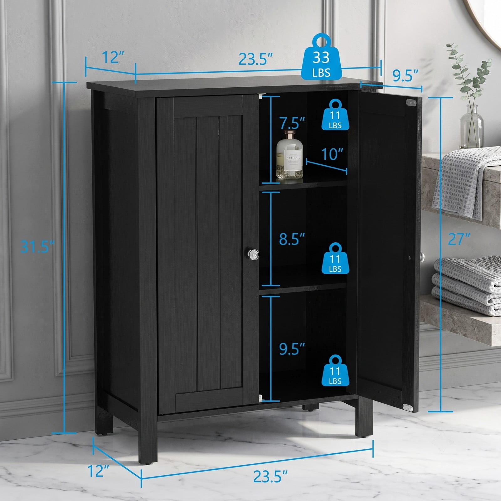 Fenbeli 2-Door Bathroom Floor Storage Cabinet, Freestanding Space-Saving Storage Organizer with Adjustable Shelves, Wooden Side Cabinet for Bathroom Laundry, Black