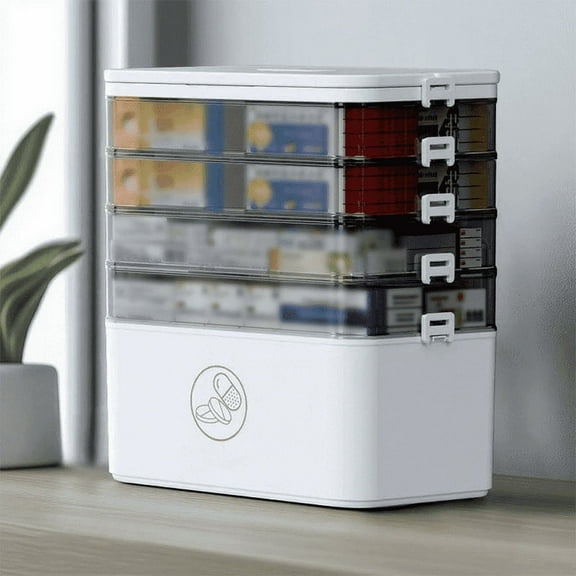 FACCAIL 5-Tier Plastic Medicine Storage Box with Handle, Empty First Aid Kit Pill Case, Medicine Cabinet Organizer for Home Emergencies, Office, Dorm, Travel (12"L x7"W x13"H)