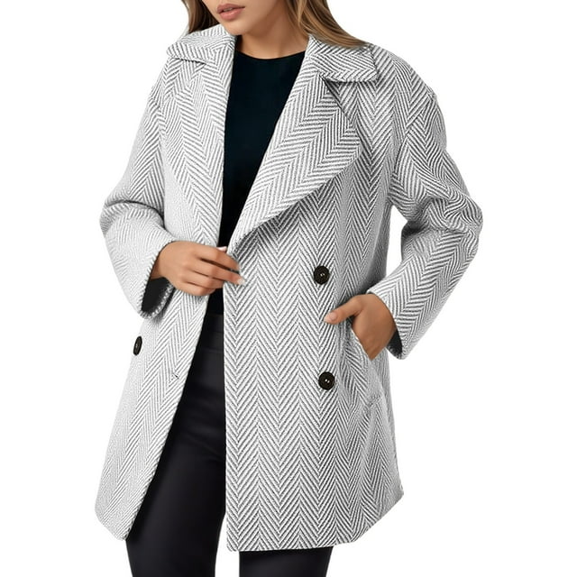 Plus Size Coat Women's Fashion Striped Print Notch Lapel Wool Blend Overcoat for Daily and Casual Wear