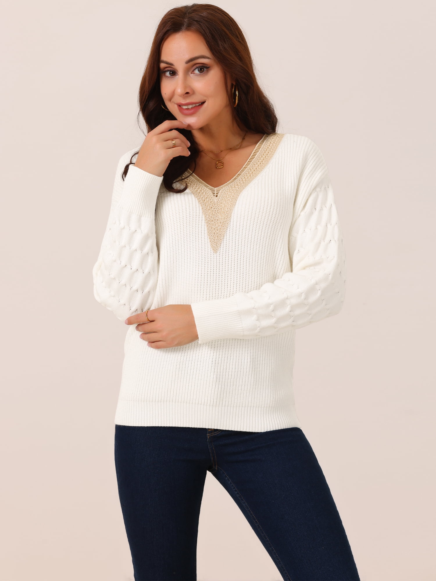 DARING DIVA Long Sleeve Lace V Neck Pullover Sweater Jumper Top XL White
