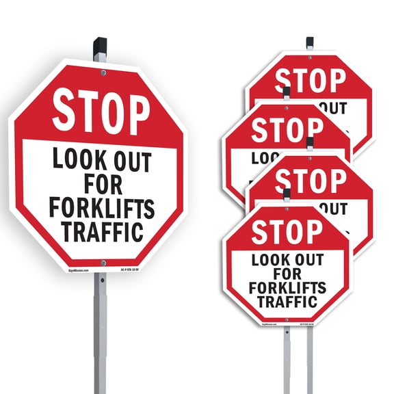 Stop Look Out for Forklifts Traffic (5 Pack) 10 inch X 10 inch Octagon Aluminum Metal Signs with Aluminum Mounting Stakes Weather Resistant UV Protected for Workplace Private Property