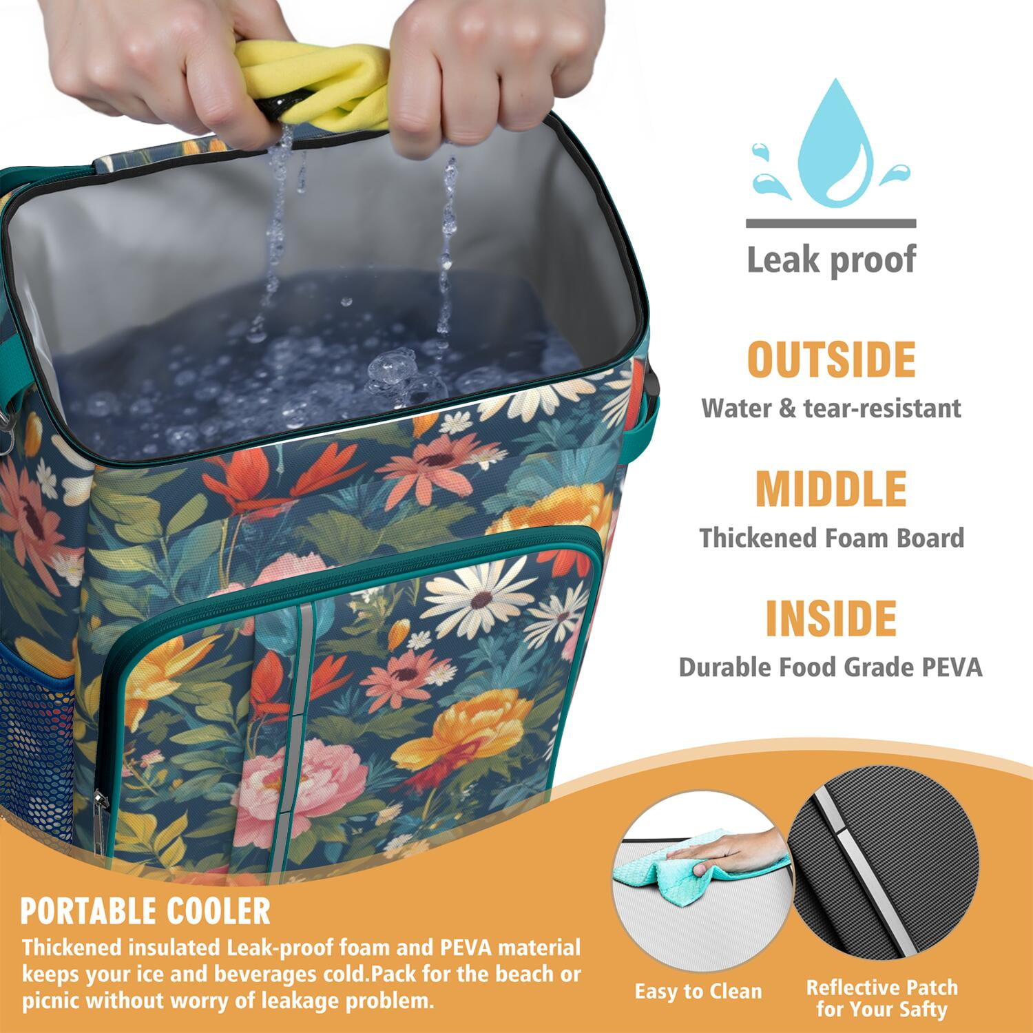Travel Cooler Bag - Pioneer Flower Floral Print Pattern Camping Beer Cooler Backpack with Bottle Opener- Waterproof Insulated Picnic Backpacks - Cooler Bag for Beach
