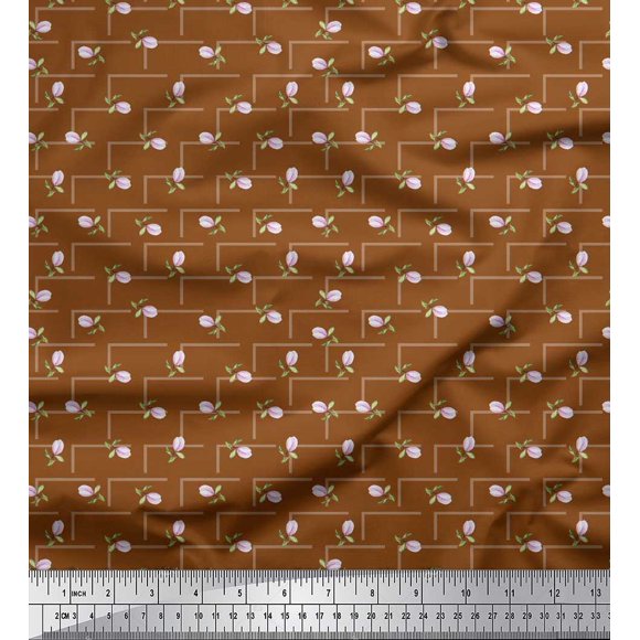 Soimoi Brown Cotton Duck Fabric Leaves & Buds Floral Print Fabric by the Yard 42 Inch Wide