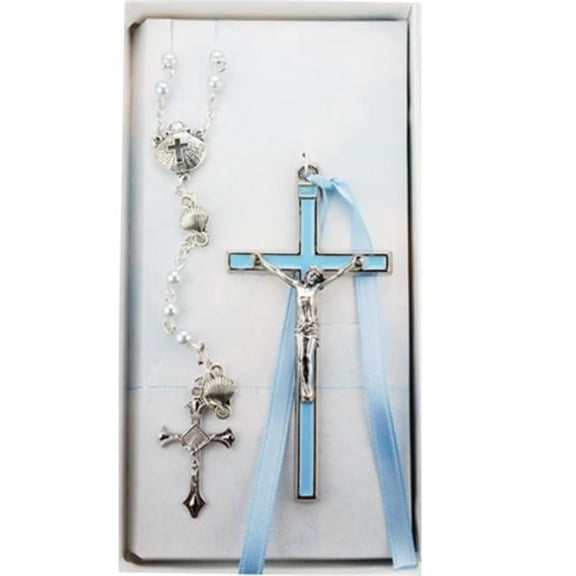Mcvan BS54 5 mm Blue Glass Beads with Zinc Alloy Center, Crucifix & Medals with Pewter Epoxy Crucifix, Boxed