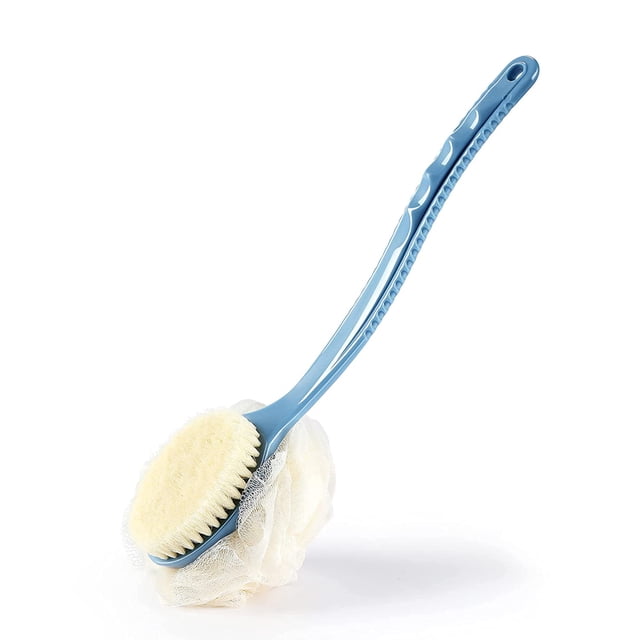 Cepillo corporal de ducha con cerdas y lufa, esponja de malla de baño con mango largo curvado para baño exfoliante de la piel, cerdas de masaje para húmedo y seco, hombres y mujeres (azul) ER