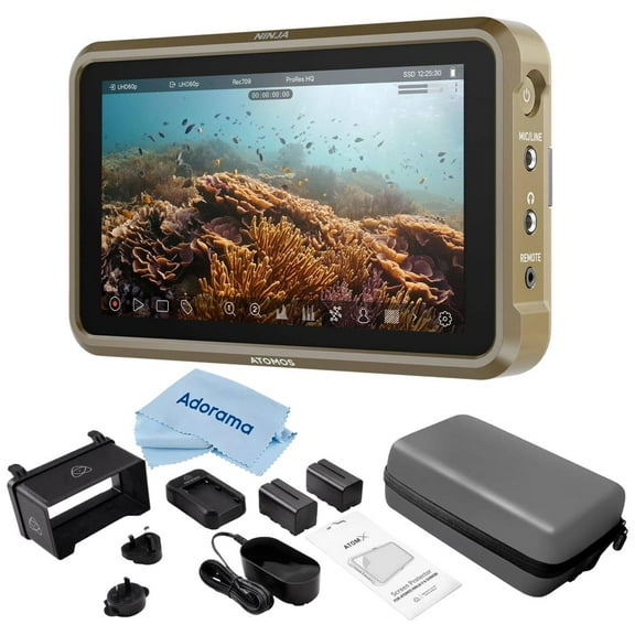 Atomos Atomos Ninja V 5" Touchscreen Recording Monitor, 1980x1080, 4K HDMI Input - Bundle with Atomos Power Kit, Microfiber Cloth