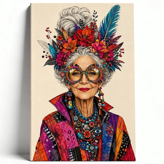 Colorful Bohemian Elderly Woman Canvas Wall Art, Whimsical Mixed Media Portrait Decor, Eclectic Floral Feather Artwork For Living Room, Bedroom, Gallery, Ready To Hang 8*12inch(20*30cm)