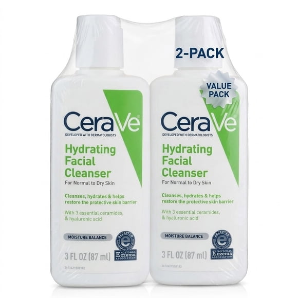 CeraVe Hydrating Cleanser, Gentle Face Wash with Ceramides and Hyaluronic Acid for Normal to Dry Skin, 87mL (2 pack)