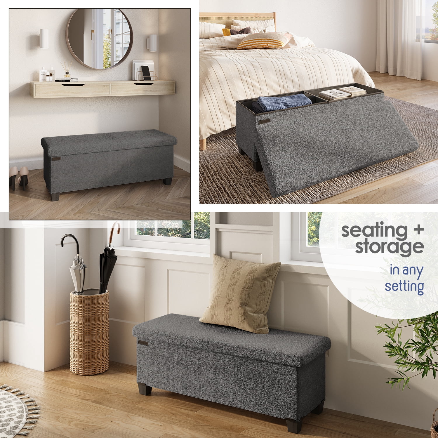Hearth & Harbor Storage Ottoman Bench, Boucle 43" Ottoman with Storage , Grey