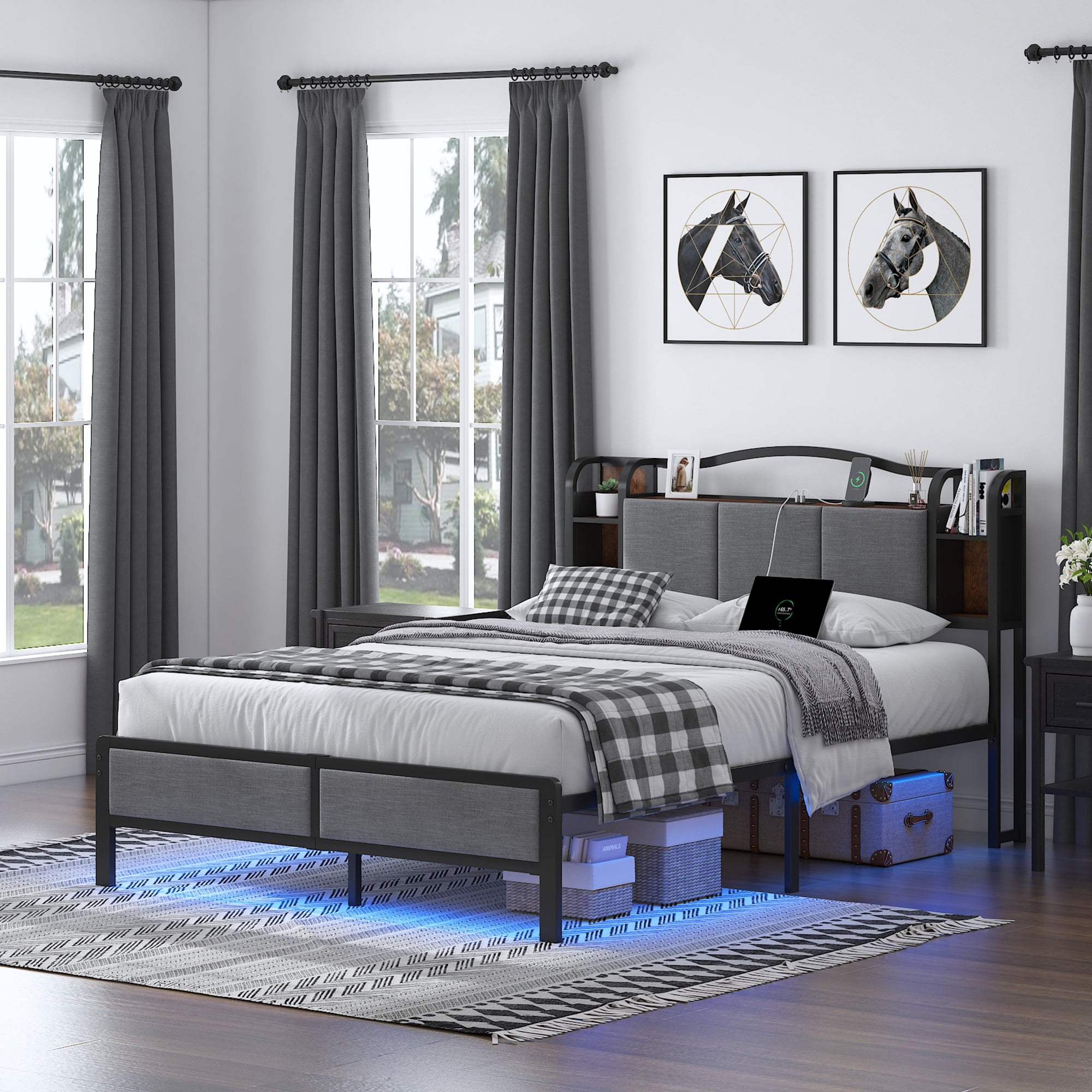 QUEEN 14In Bed Frame with RGB Lights Fabric Upholstered Headboard USB Socket