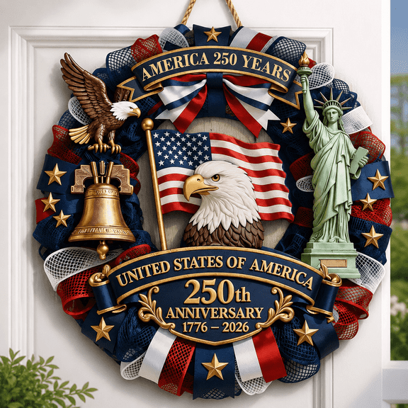 250th Anniversary Patriotic Door Wreath, America 1776-2026 Eagle and Statue of Liberty Hanging Sign for 4th of July, USA Outdoor Front Door Decoration