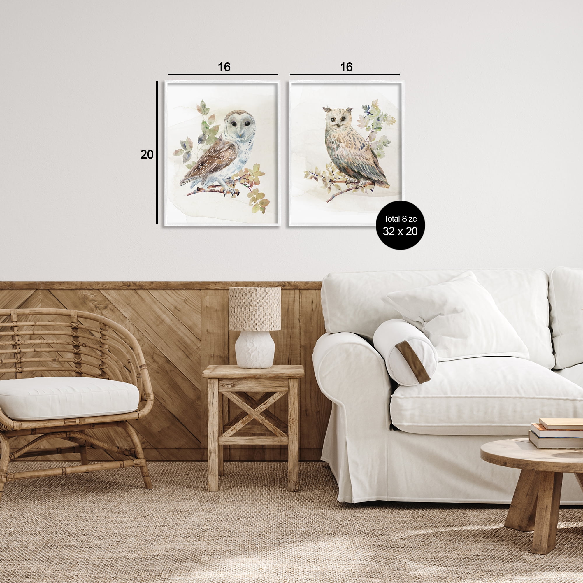 Stupell Industries Owls Perched in Foliage 2 Piece White Framed Giclee Art Set, design by CAD Designs