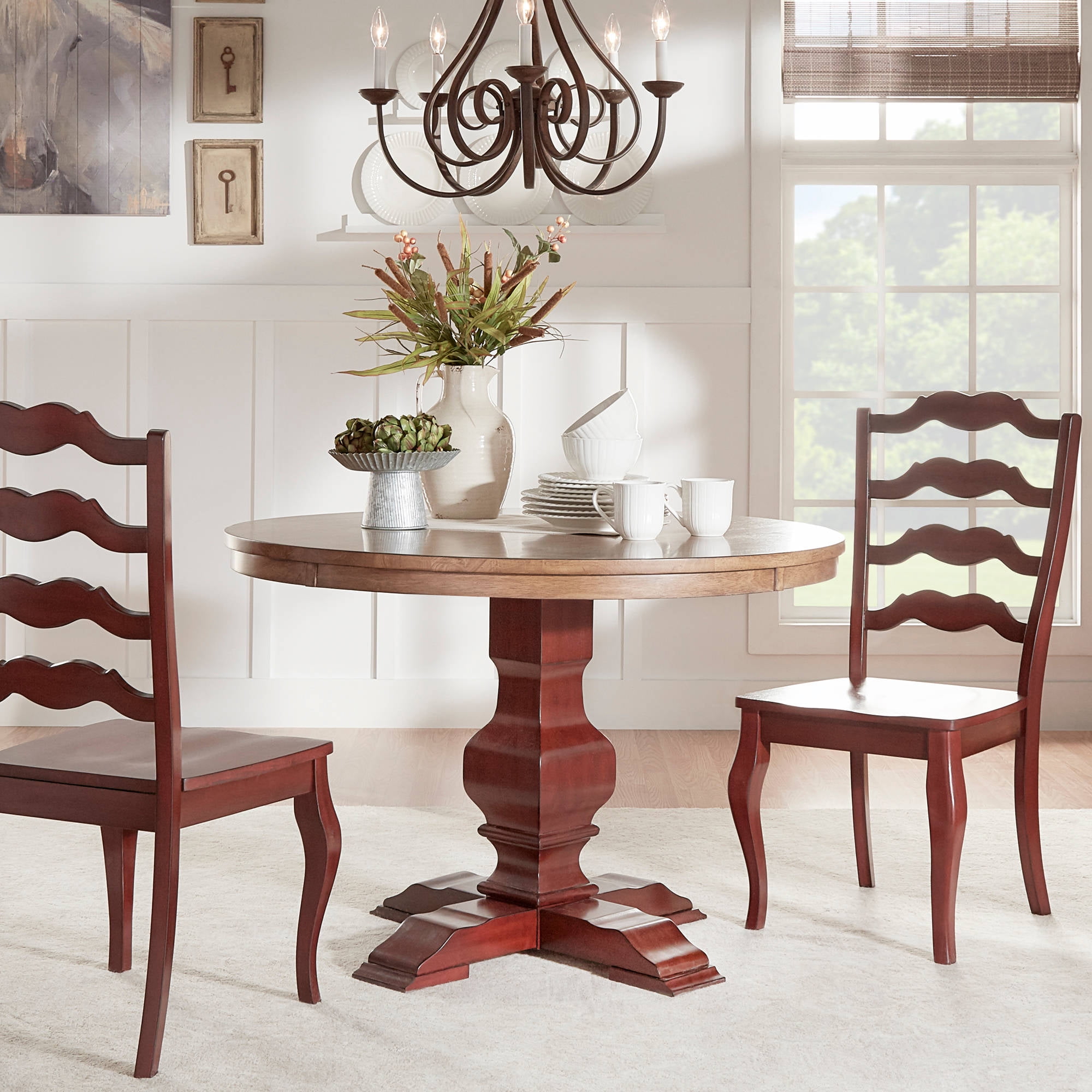 Weston Home 3 Piece 45 Round Dining Set Oak And Berry Red Table With French Ladder Back Chairs