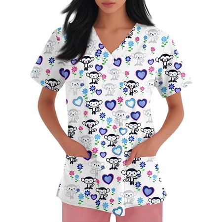 Women V Neck Cartoon Print Short Sleeve Scrub Tops, Pocket Side Split Care Worker Uniform Shirts 03-Dark Blue XXXXL