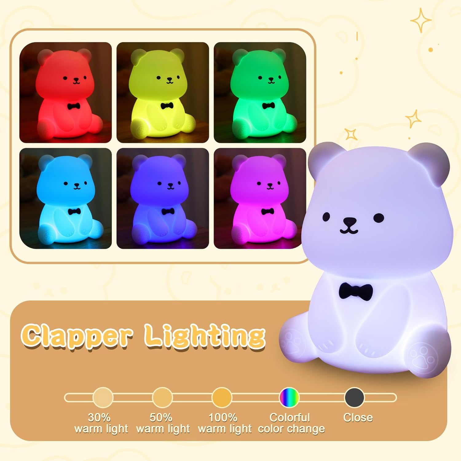 SHAANXIXIAN Cute Bear Night Light for Kids, Decorate Kids' Bedroom with Silicone Bear Nightlights with 8 Color Lights, Christmas Birthday Gift for Children Toddlers Teens Adults Babies