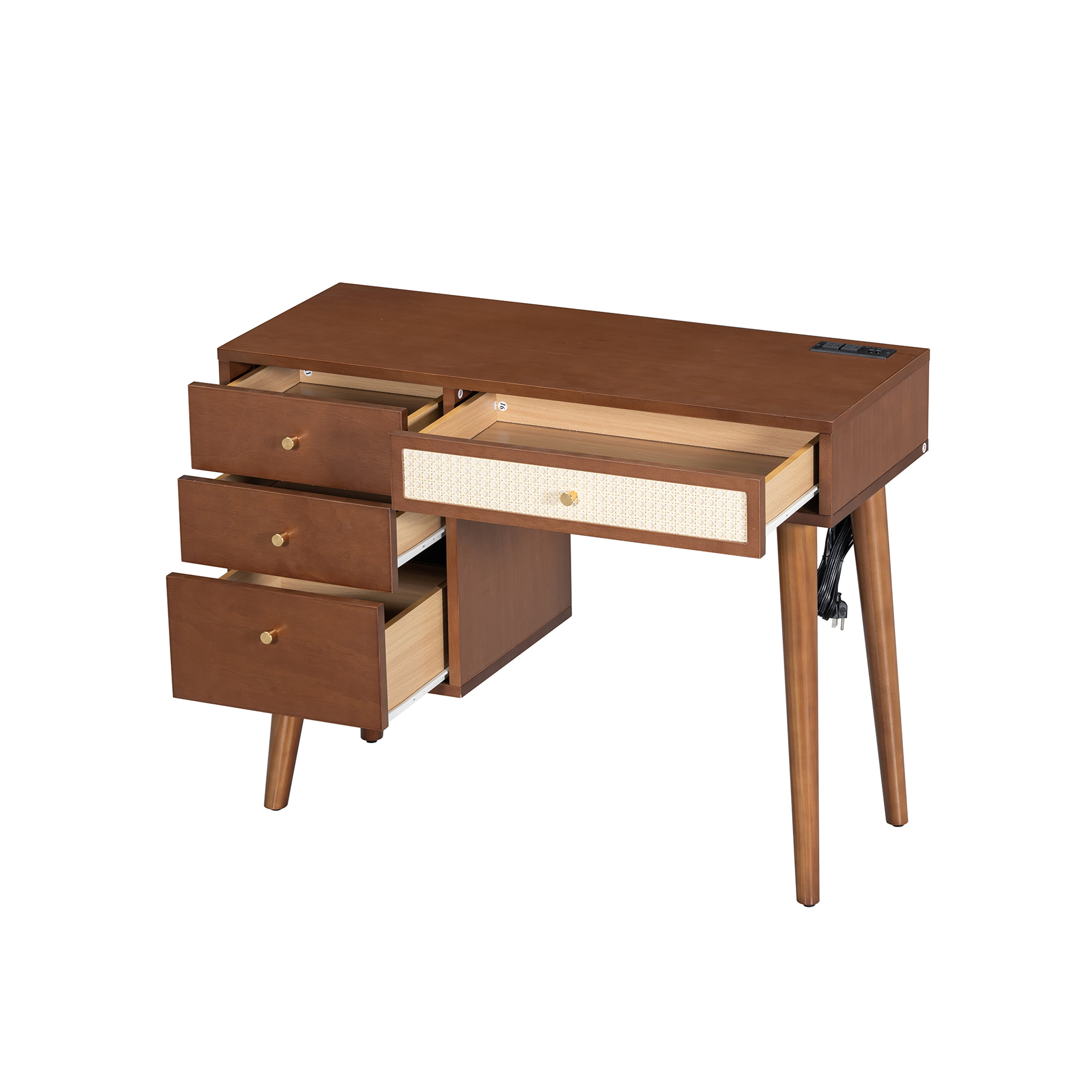 Harper & Bright Designs 39" Wood Vanity Desk with Rattan Drawers , Makeup Vanity Table Set with Stool , Dressing Table with Charging Plug and USB Port for Bedroom , Wood (Mirror not included)