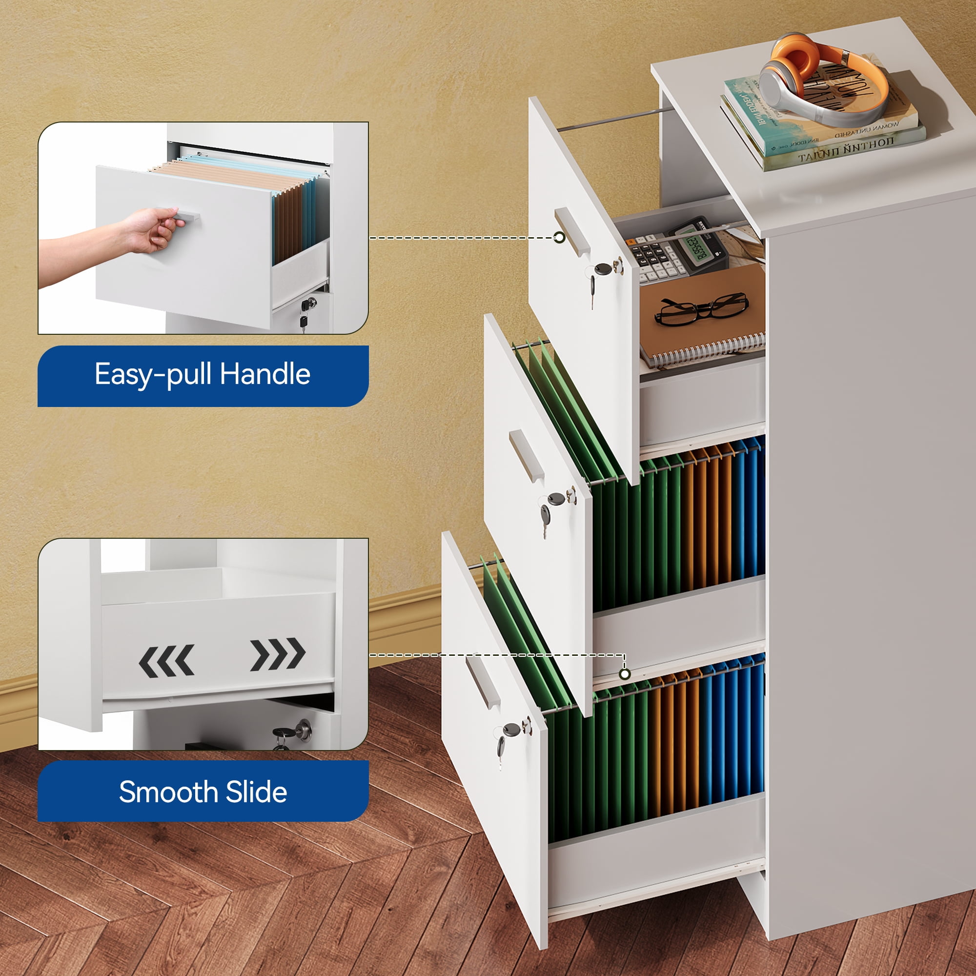 GALAXHERO 3 Drawers File Cabinets, Wood Vertical Filing Cabinet with Lock for Home Office, Letter/A4 Size, White