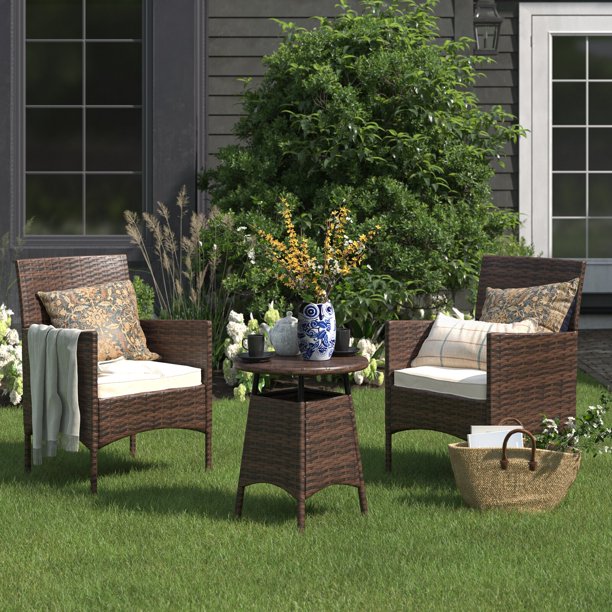 3 piece wicker Patio Set with Seat Cushion PE Rattan Bistro Patio