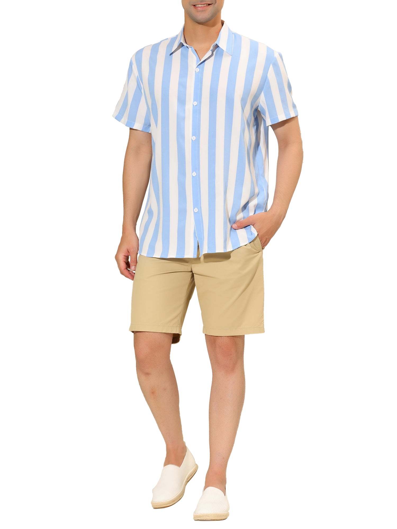 Unique Bargains Men's Short Sleeved Color Block Button Down Beach Stripe Shirt XL Light Blue