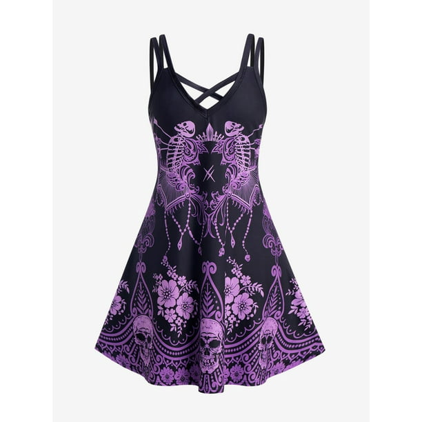 Vestido Talla Extra Plisado de Estampado de Cráneo de Curva Rosegal Vestidos casuales de talla grande