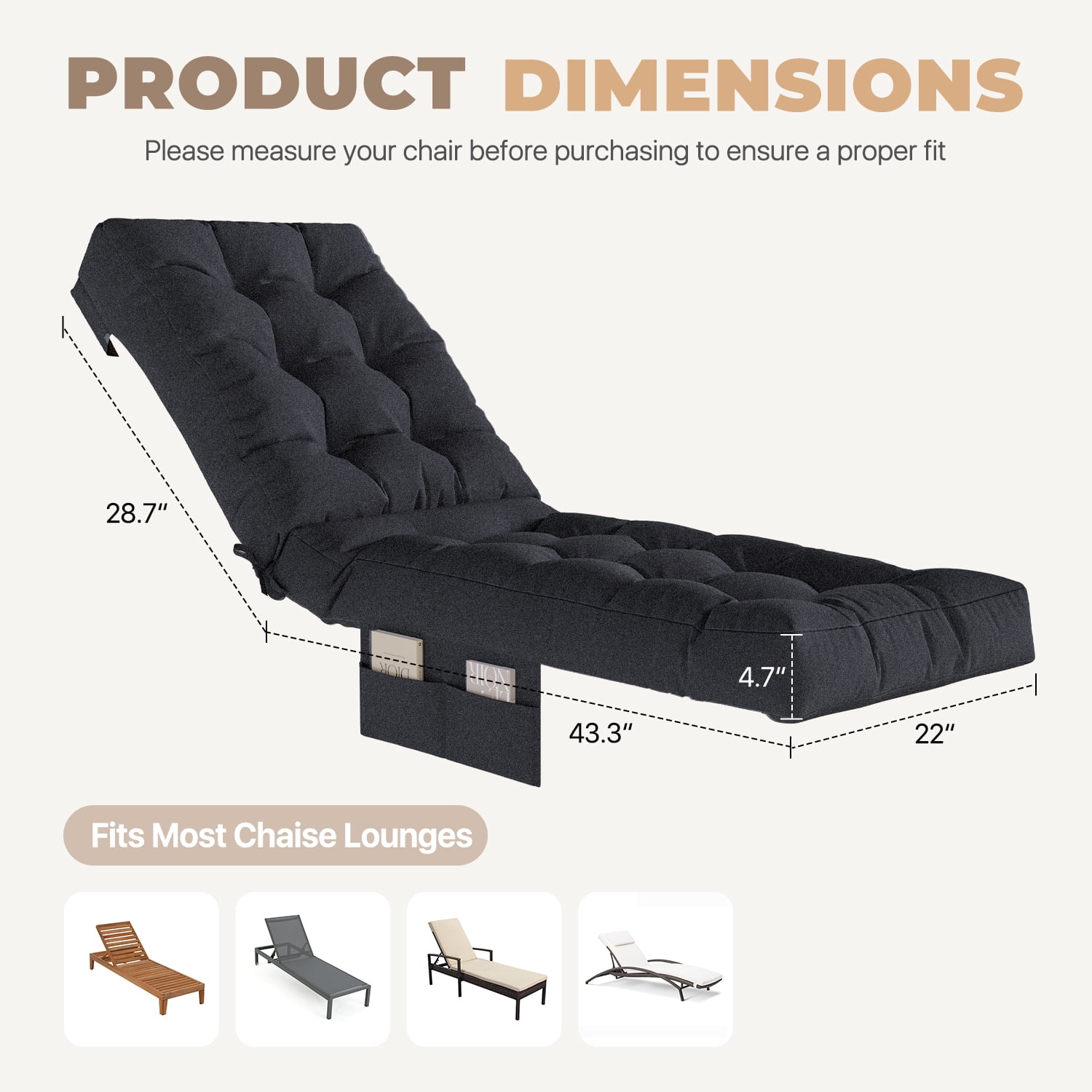 BaPiPro Black Outdoor Chaise Lounge Cushion with Side Pocket, Triple Non-Slip Fixation, All-Weather Durable & Soft Fabric, Thickened Padding, Ideal for Patio and Poolside Use