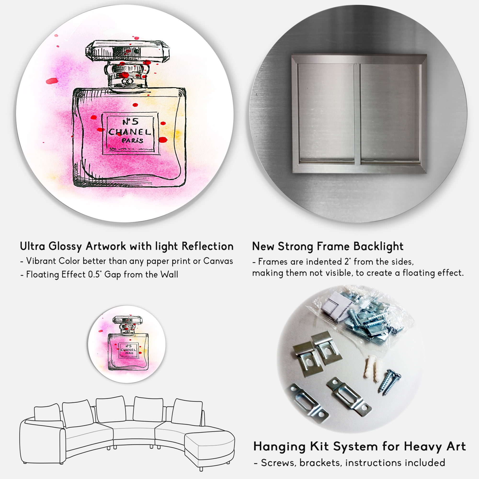 Designart 'Perfume Chanel Five Pink Strokes' French Country Circle Metal Wall Art 23x23 - Disc of 23